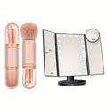 LED Makeup Mirror with Light & 4-in-1 Brush Set – 2X 3X 10X Magnification, Touch Sensitive Triple Fold Illuminated Mirror, Dual Power Supply, Portable – Perfect Gift for Women