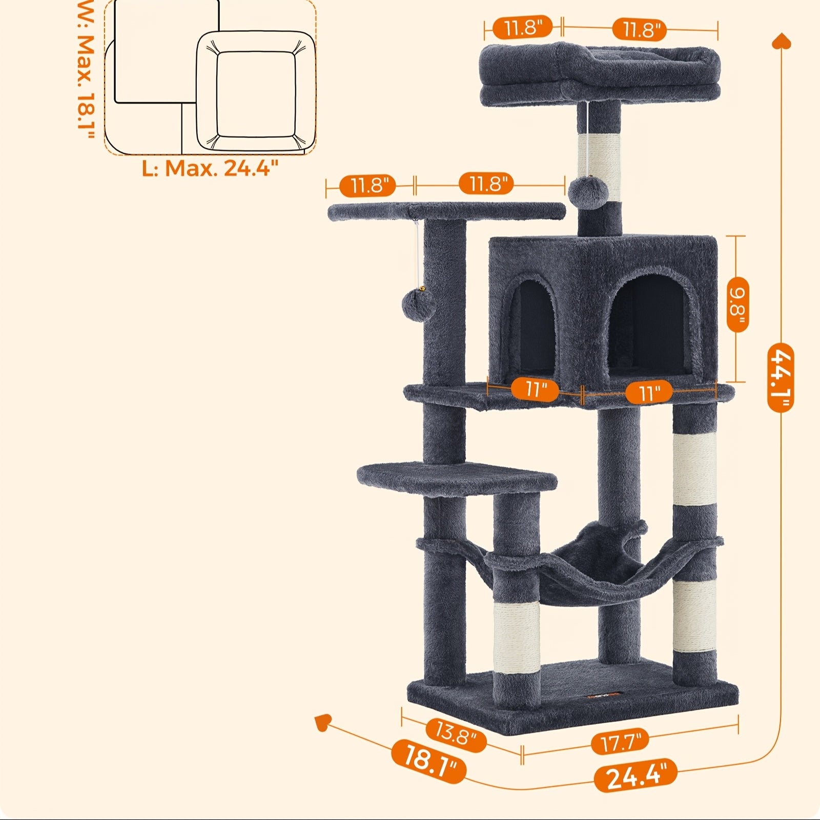 44-Inch Multi-Level Cat Tree Tower with Scratching Posts – Indoor Cat Condo with Hammock, Cave, Perches & Pompoms for Kittens & Adult Cats