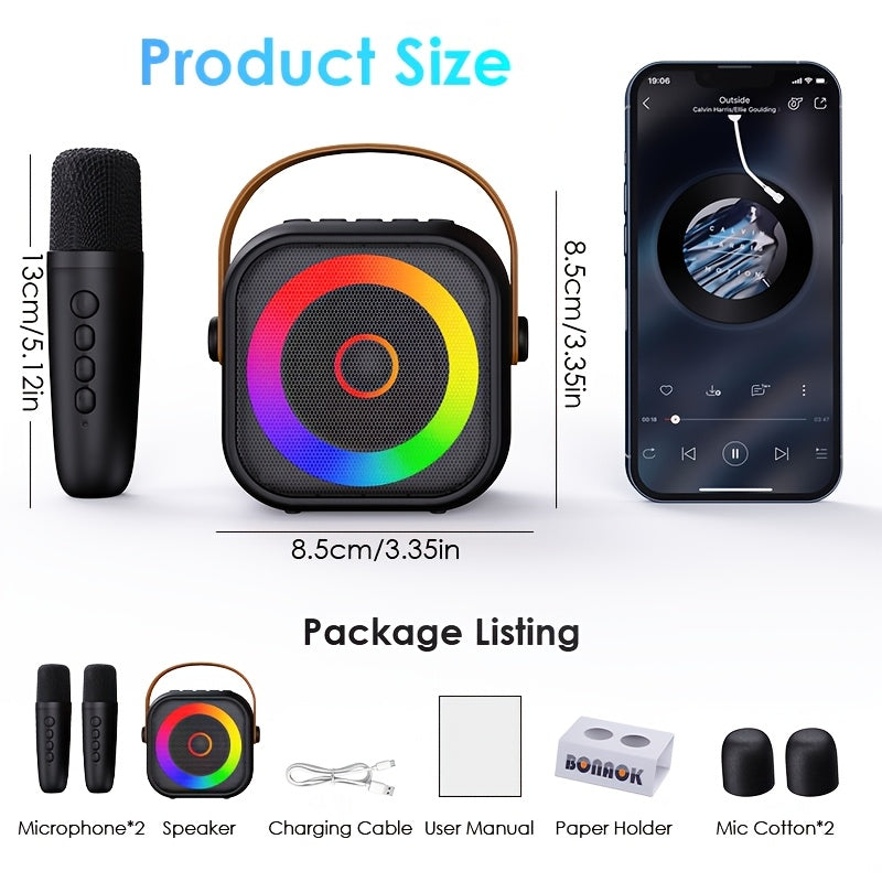 Karaoke Machine With 2 Wireless Microphones, Portable Speaker With LED Lights, Supports USB/TF Card/AUX - Perfect Gift Choice For Birthdays, Halloween, Christmas, Family Gatherings, Outdoor Parties