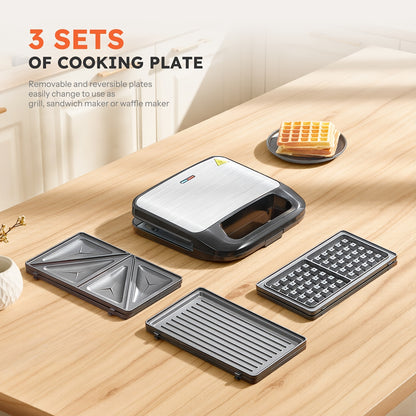 3-in-1 Waffle Maker, Grill & Sandwich Press with Removable Non-Stick Plates – 750W Panini Press & Waffle Iron for Grilled Cheese, Burgers, Steaks & Breakfast, LED Indicator, Dishwasher Safe | ShopVora CA