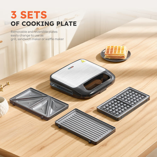 3-in-1 Waffle Maker, Grill & Sandwich Press with Removable Non-Stick Plates – 750W Panini Press & Waffle Iron for Grilled Cheese, Burgers, Steaks & Breakfast, LED Indicator, Dishwasher Safe | ShopVora CA