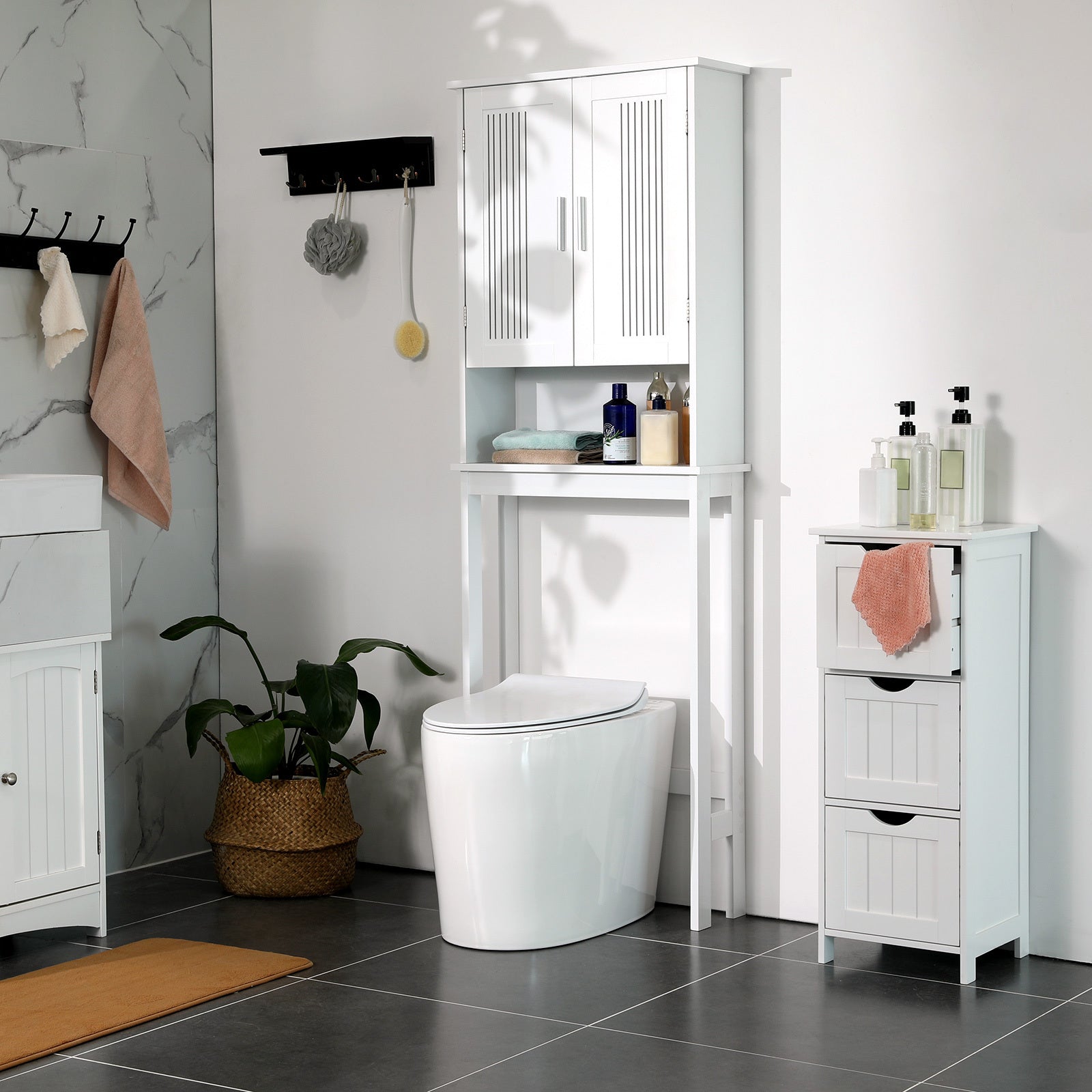 Bathroom Space Saver Cabinet, Adjustable Bottom Bar, Over-The-Toilet Storage Unit, 4-Tier Adjustable Shelf Organizer, White