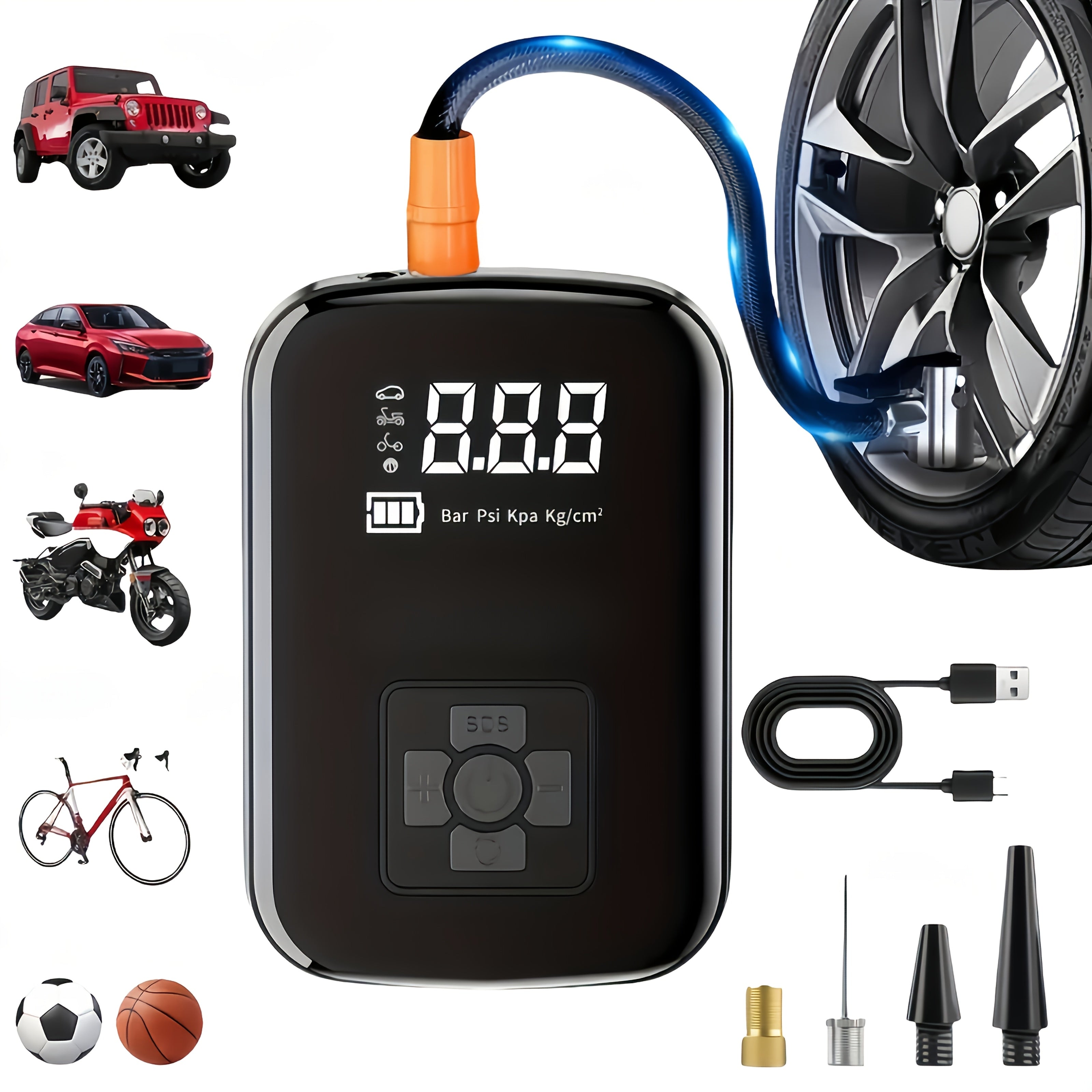 Fast Cordless 1pc Tire Inflator Portable Air Compressor - Digital Display Multi-Function Nozzle Adapter - Long-Lasting Lithium Battery for Car Motorcycle Bicycle Tire Ball, Auto Parts