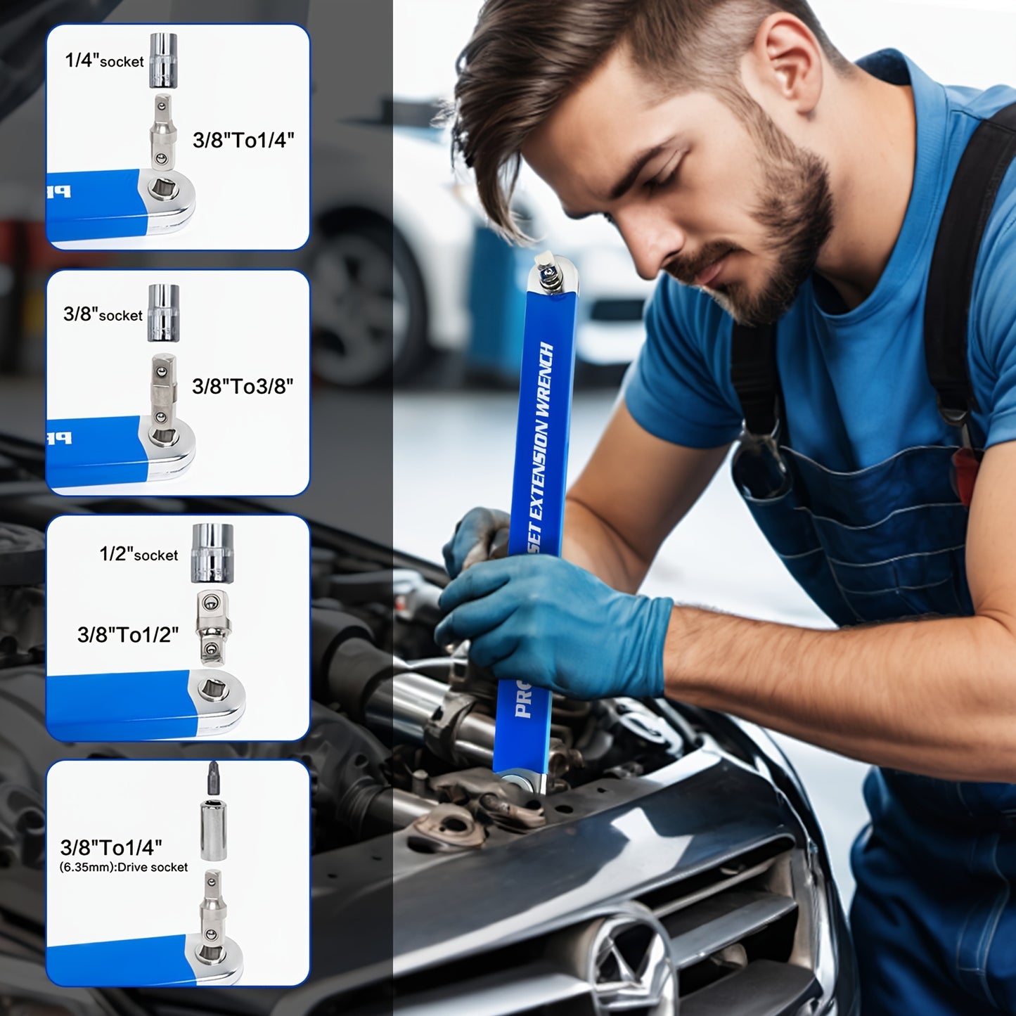 Flex Head Ratchet Wrench Set 2-in-1 Offset Extension with 1/2" 1/4" 3/8" Adapters – 180° Swivel High Torque Non-Slip Handle for Tight Spaces, DIY & Mechanic Hand Tool