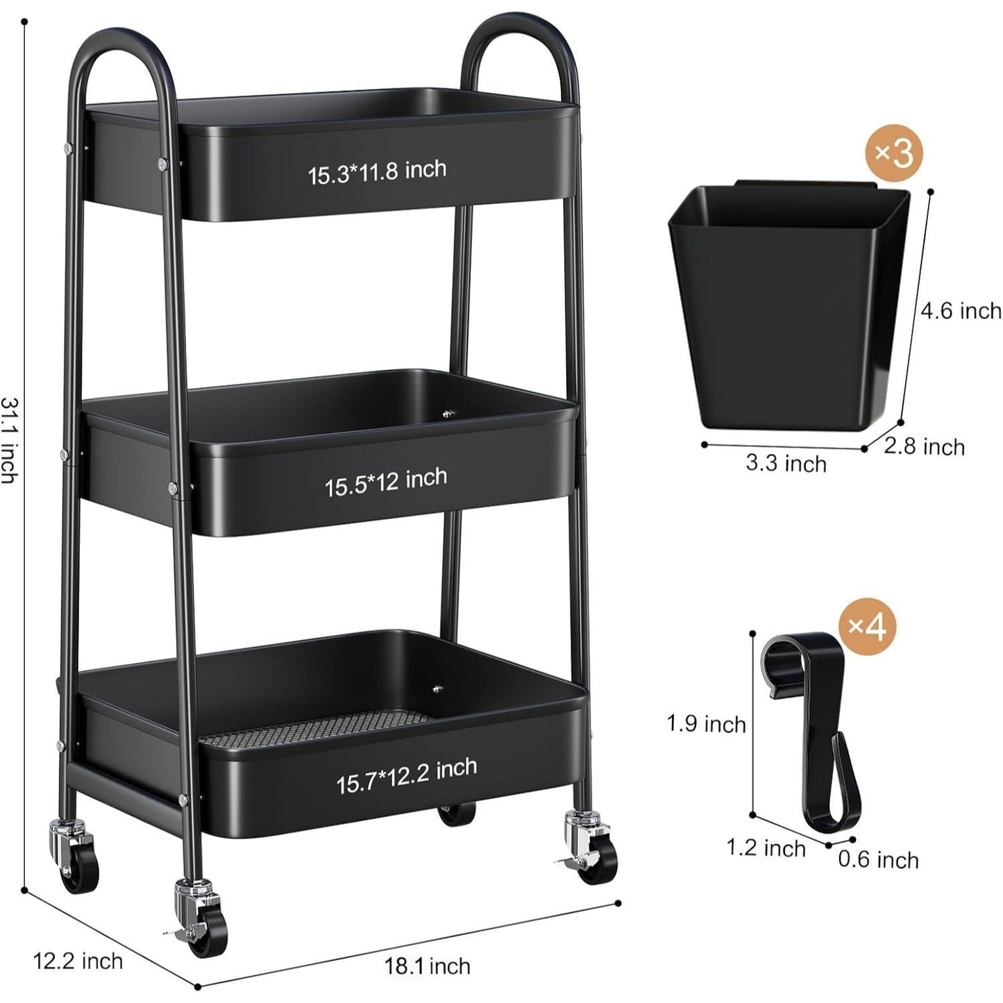 3-Tier Rolling Storage Cart with Lockable Wheels - Metal Mesh Utility Cart 15kg Per Shelf, 360 Degree Casters, Hanging Baskets and Hooks, for Kitchen Bathroom Garage Classroom Craft Canada