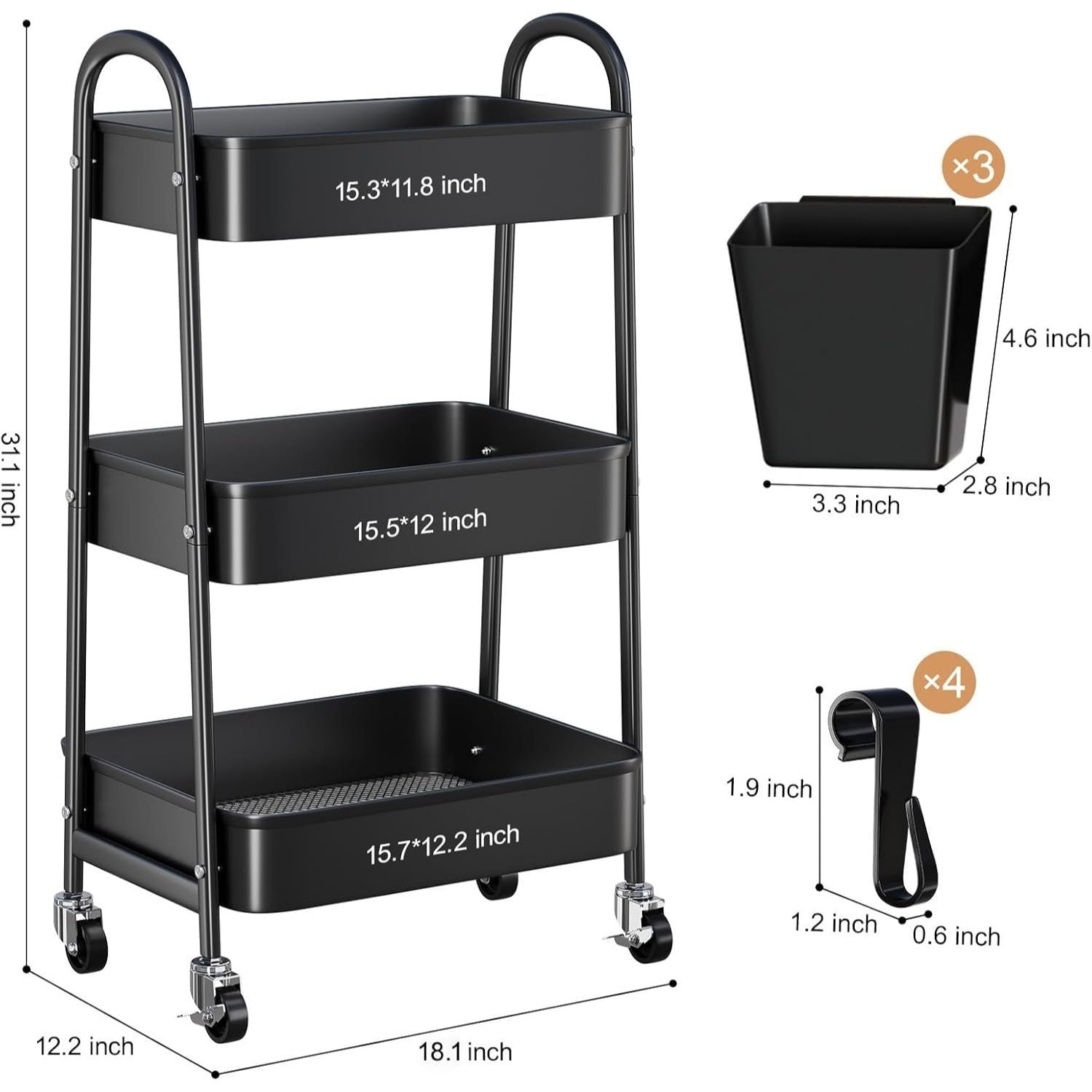 Three-Tier Metal Caster Cart with Lockable Wheels Three-Tier Rolling Book & Snack Cart Multi-Purpose Storage Cart for Kitchen, Bathroom, Garage, Baby Diapers, Crafts, Art Supplies, and Teachers