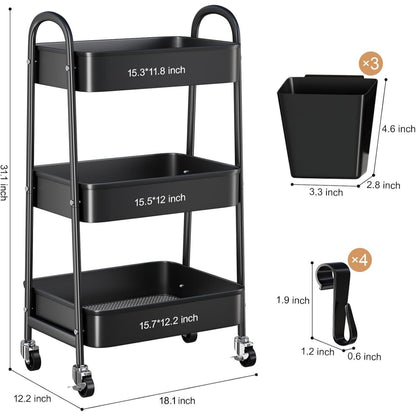 3-Tier Rolling Storage Cart with Lockable Wheels - Metal Mesh Utility Cart 15kg Per Shelf, 360 Degree Casters, Hanging Baskets and Hooks, for Kitchen Bathroom Garage Classroom Craft Canada