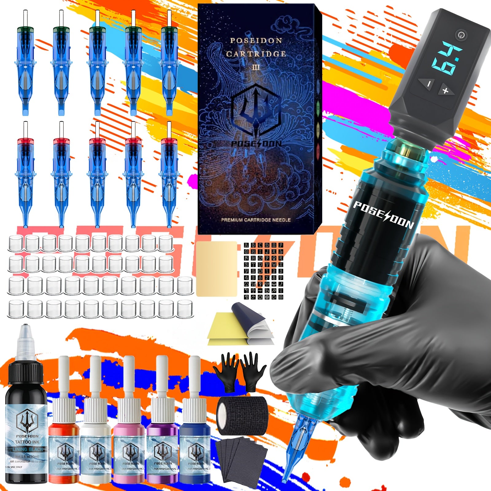 POSEIDON Tattoo Tools Valentine's Day Gift Tattoo Pen Kit - POSEIDON Wireless Tattoo, Tattoo Gun Kit with Tattoo Power Supply And 10pcs Tattoo Cartridge Needles, Complete Tattoo Kit 6 Color Tattoo Inks Tattoo Supplies for Beginners