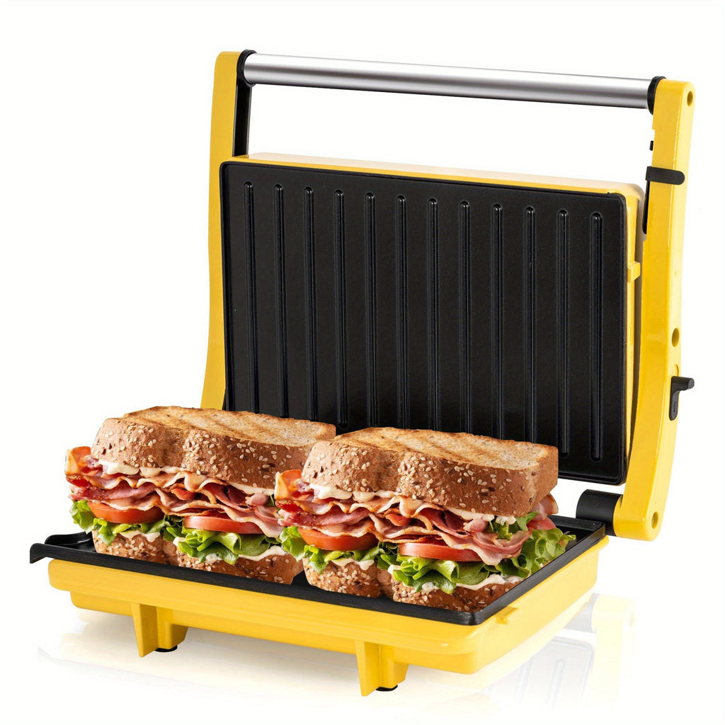 3-in-1 Electric Indoor Grill & Panini Press with Non-Stick Stainless Steel Plates, 180° Opening Angle, Floating Hinge & Grease Tray - 120V Plug-in Sandwich Maker with Preheat Indicator Light, Compact Design for Burgers, Steaks