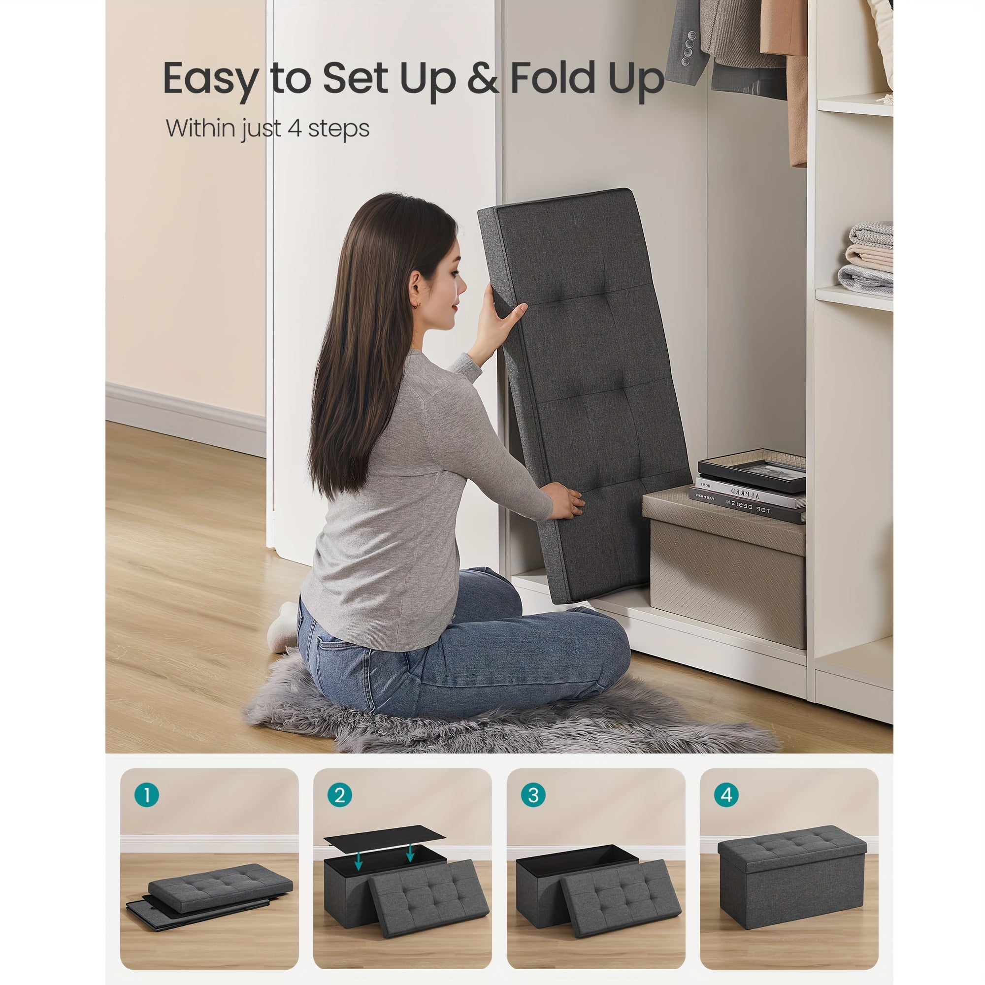 30 Inches Folding Storage Ottoman Bench, Storage Chest, Foot Rest Stool, Ash Gray
