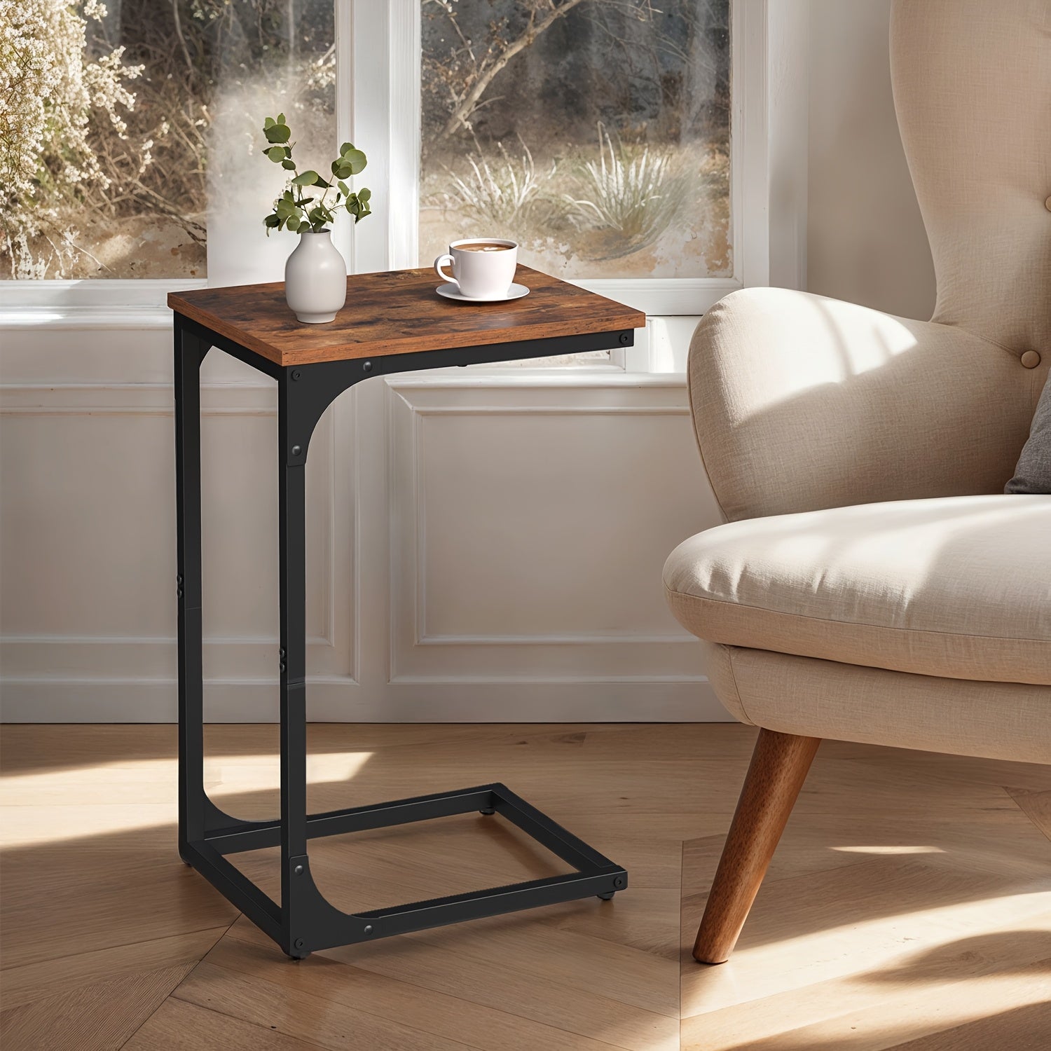 VASAGLE C-Shaped End Table with Steel Frame 11.8"x15.7"x24.4" – Slim Sofa Side Table for Living Room, Bedroom & Couch, Rustic Brown & Black, Small Bedside Snack Table Easy Assembly