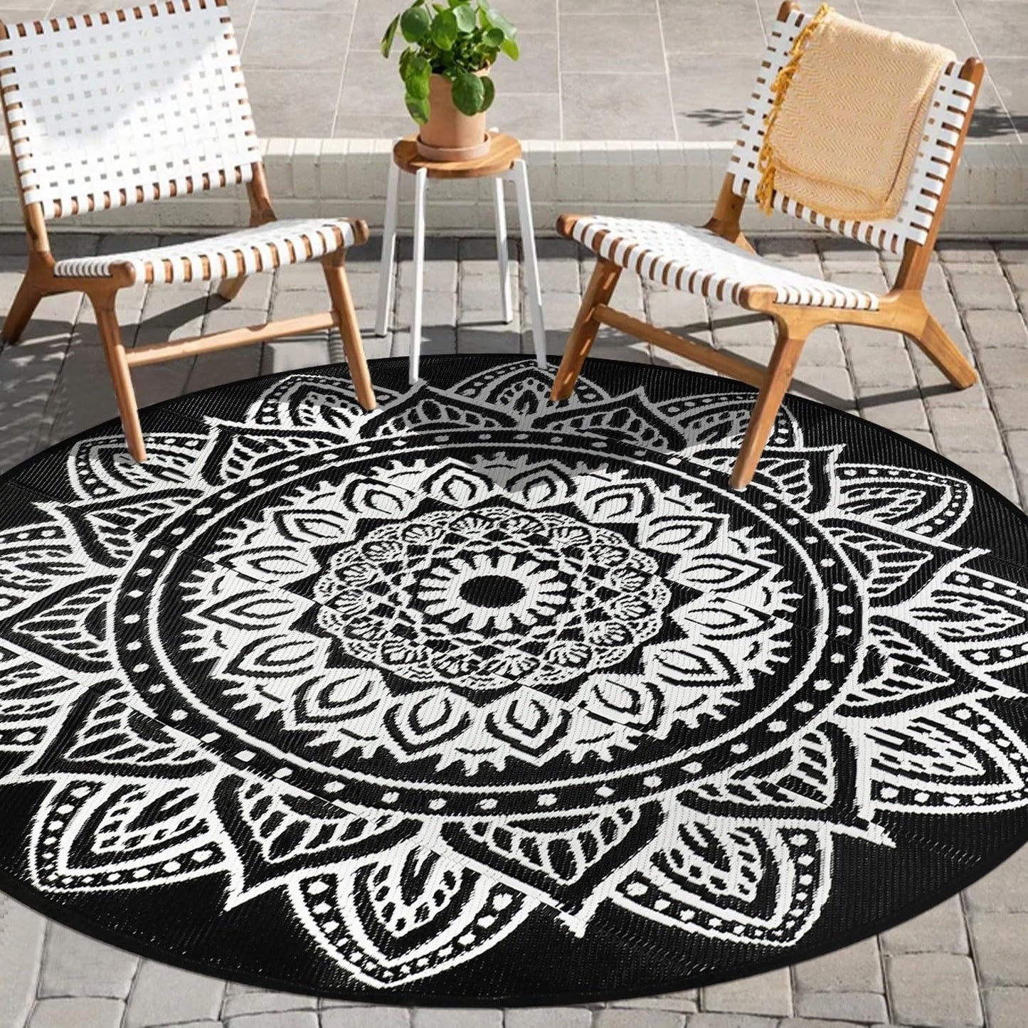 Round Boho Outdoor Rug Reversible Circle Patio Carpet – Lightweight Portable Outdoor Area Rug for Patio, Balcony, Camping & Backyard, Bohemian Style Weatherproof Floor Mat