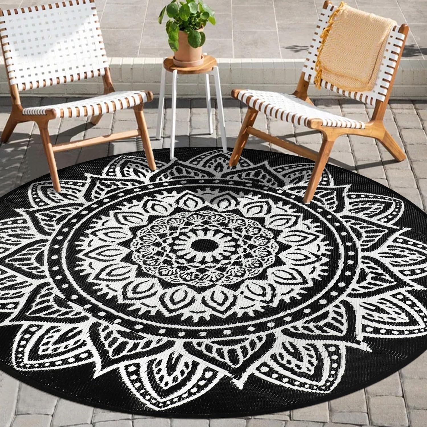 Round Boho Outdoor Rug Reversible Circle Patio Carpet – Lightweight Portable Outdoor Area Rug for Patio, Balcony, Camping & Backyard, Bohemian Style Weatherproof Floor Mat