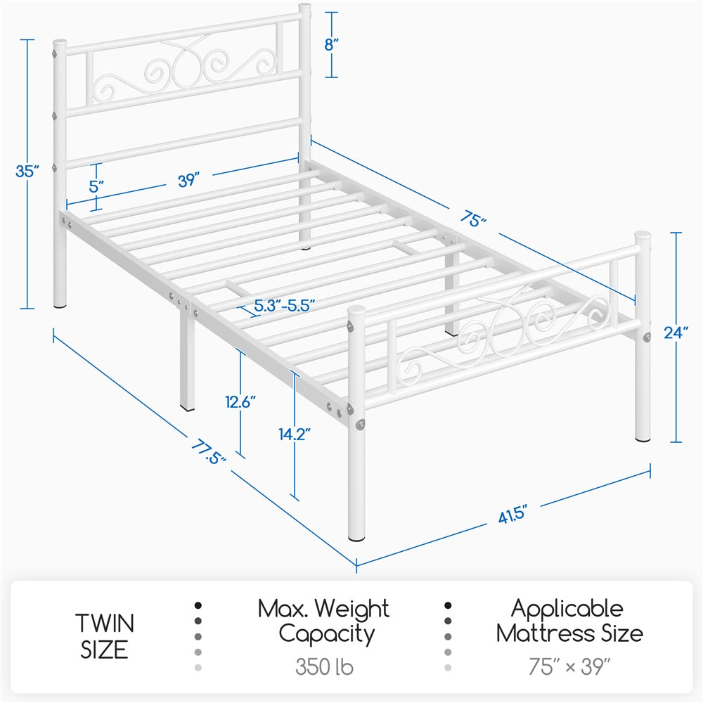 ALDEN DESIGN Bed Frame Metal Platform Bed, Space Saving Metal-Framed Bed, Iron Bed Foundation, Graceful Scroll Metal-Framed Bed, Platform Bed with Headboard and Footboard for Bedrooms, Guestrooms, Dormitories, Black/White/Silver, Twin/Full/Queen Size