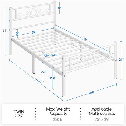 Scroll Metal Bed Frame with Headboard & Footboard – Space-Saving Iron Platform Bed, No Box Spring Needed, Twin Full Queen, Black or White, for Bedroom Guest Room Dorm – ALDEN DESIGN