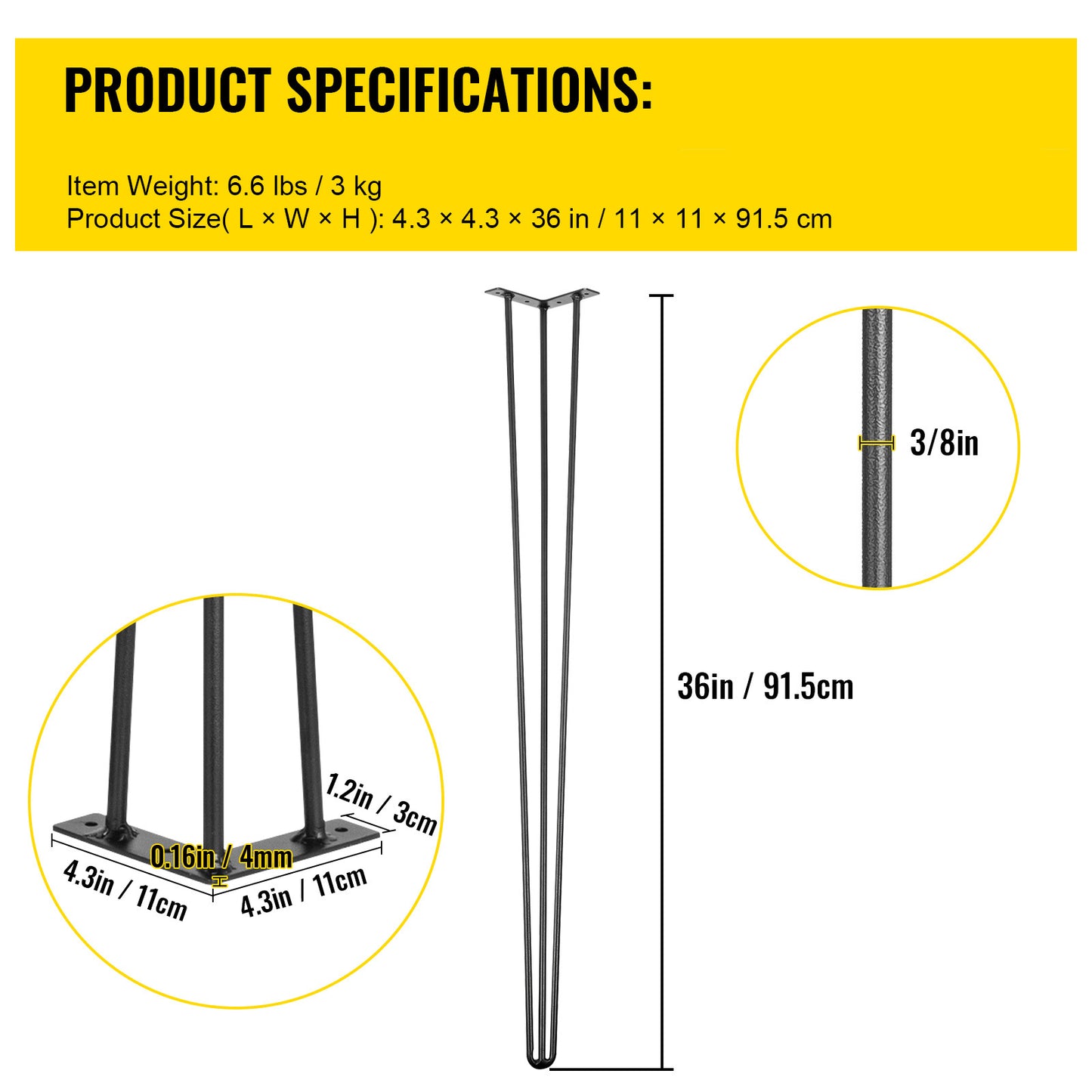 Hairpin Table Legs Set of 4 – Carbon Steel 3-Rod Design, 220 lbs Each, 16–40 Inch – Heavy Duty DIY Furniture Legs for Desk, Bench, Dining Table & Chairs – Black Powder Coat