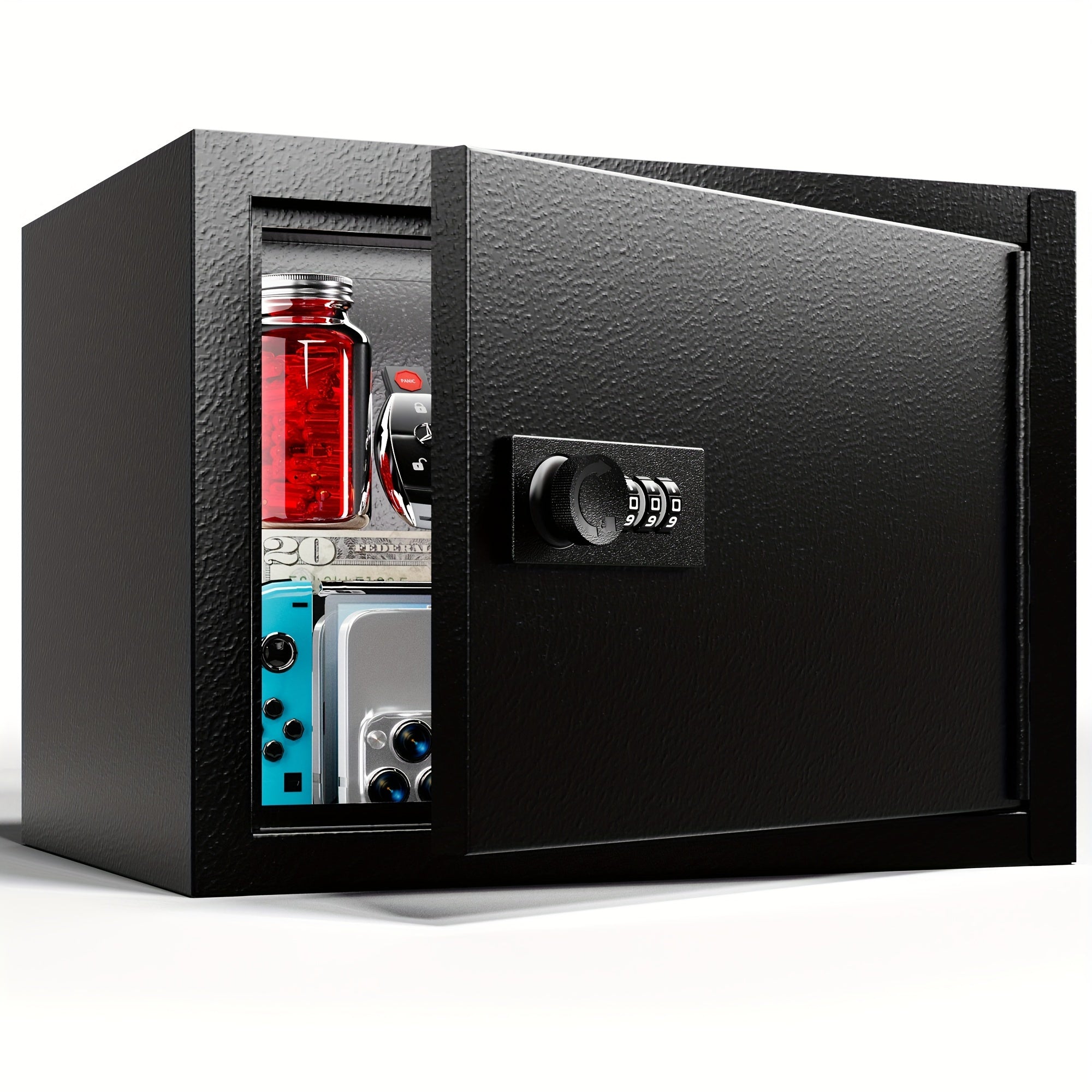 Mini Safe Box 3-in-1 Unlock (Electronic Password, Key & Passcode) – 0.23 Cu.Ft Compact Home Security Safe for Bedroom, Office & Bedside, Stores Cash, Jewellery & Passport