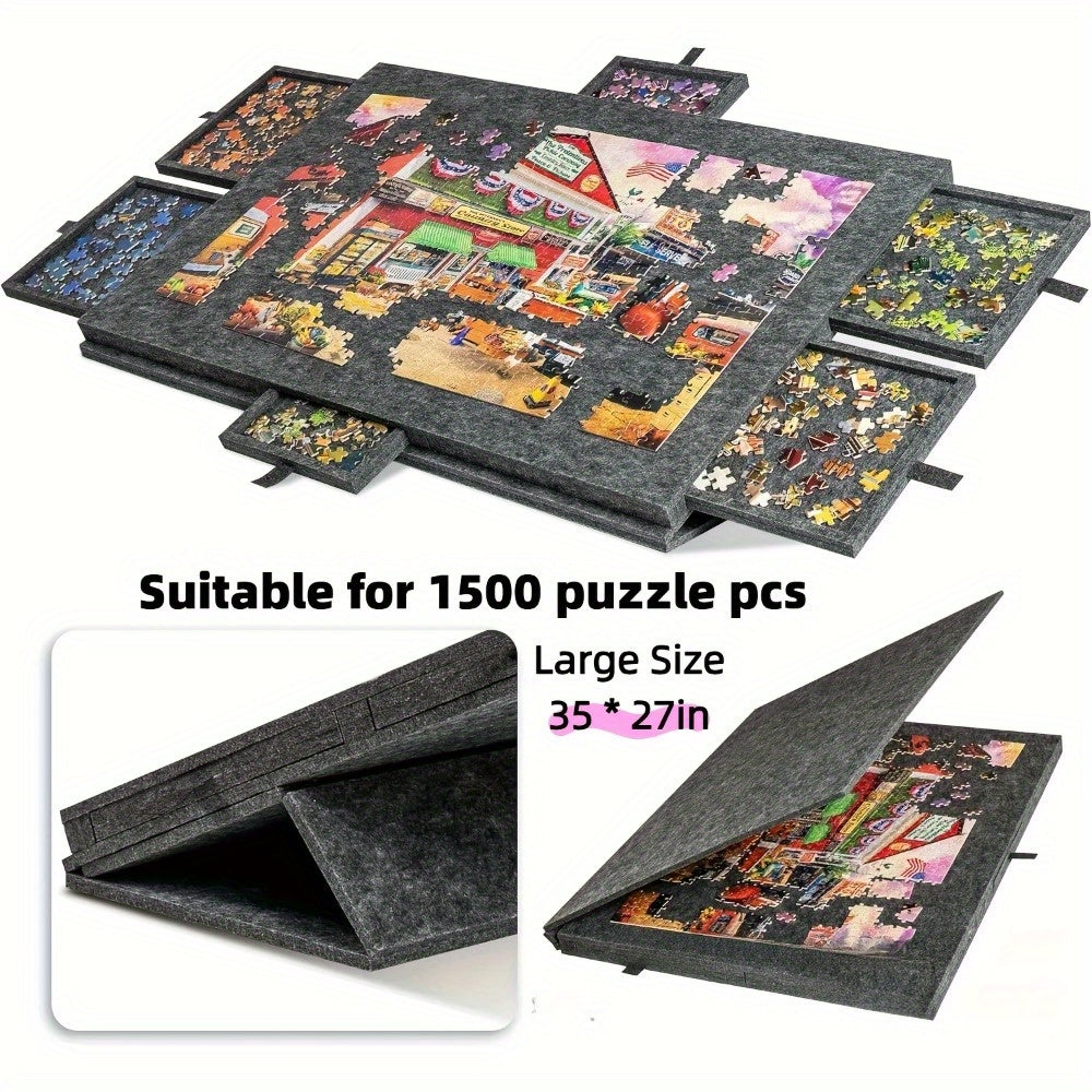 Portable Puzzle Table for 1500pcs Puzzles - 6 Sorting Trays, Adjustable Angle Bracket, Built-In Dust Cover & Felt Board, Father's Day Gift for Puzzle Lovers