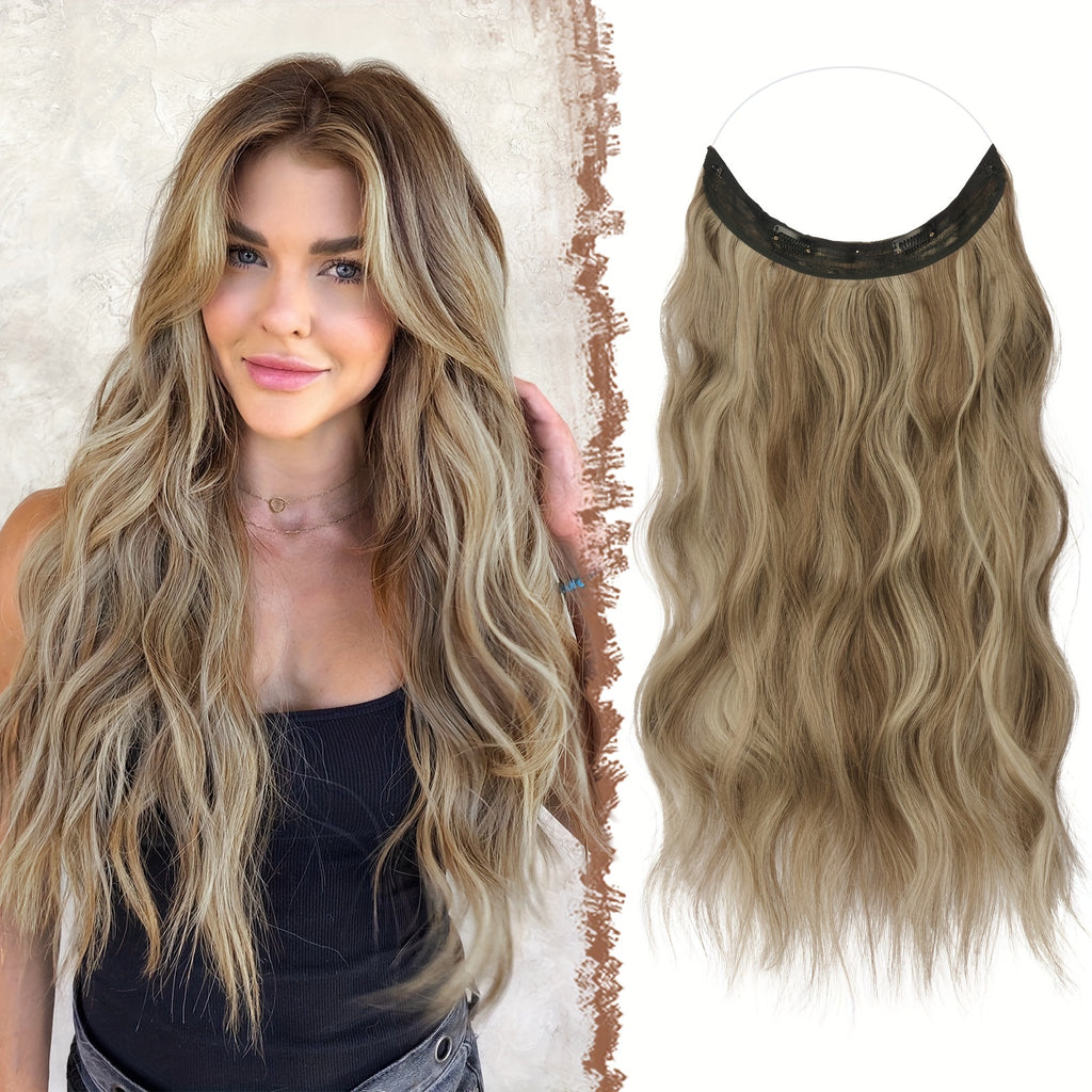 FESHFEN Invisible Wire Hair Extensions with Transparent Wire Synthetic Hair Piece Long Wavy Secret Headband Hairpieces for Women 20 Inch Dark Ash Blonde Mixed Bleach Blonde