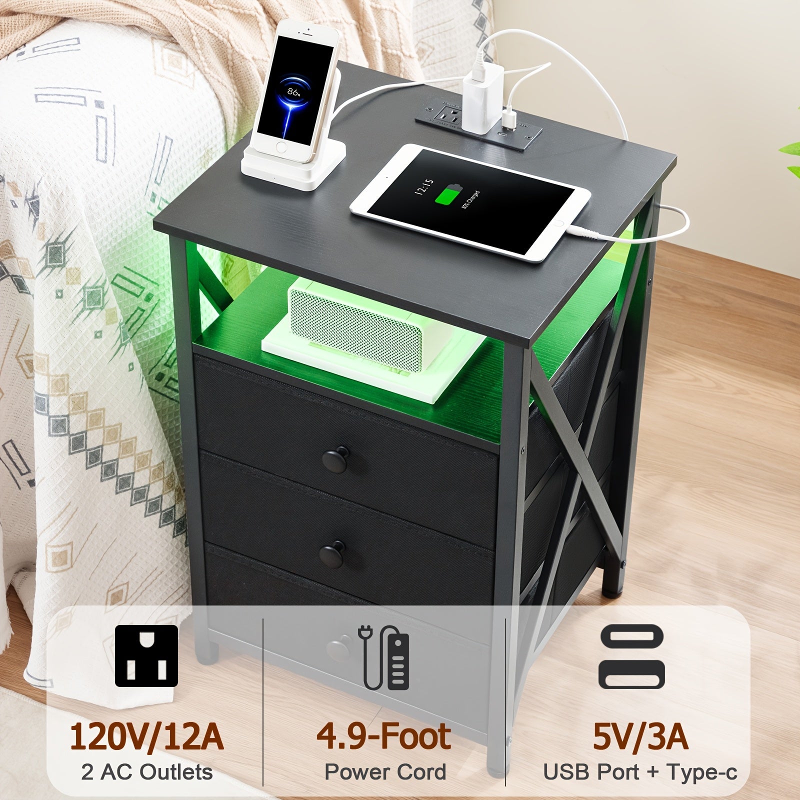AMHANCIBLE Night Stand 1pc/2pcs, LED Nightstand With Charging Station, End Tables Living Room With Fabric Drawers, Better Storage, Bedside Table For Bedroom