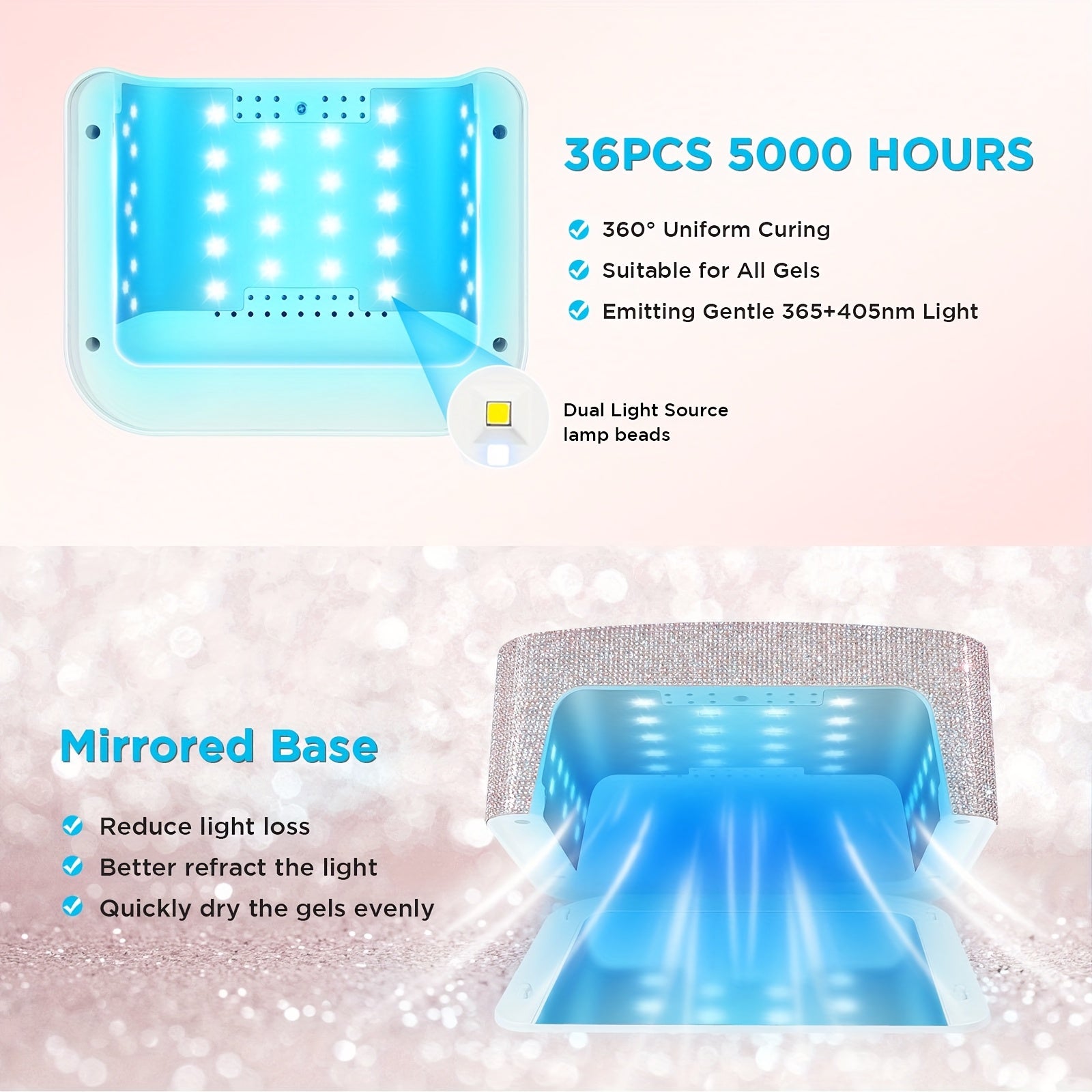 Cordless Nail Lamp, Rechargeable Light for Gel Nails, LED Nail Lamp with 4 Timer Modes, Gel Nail Light Decorate with Sparkling Nail Rhinestones