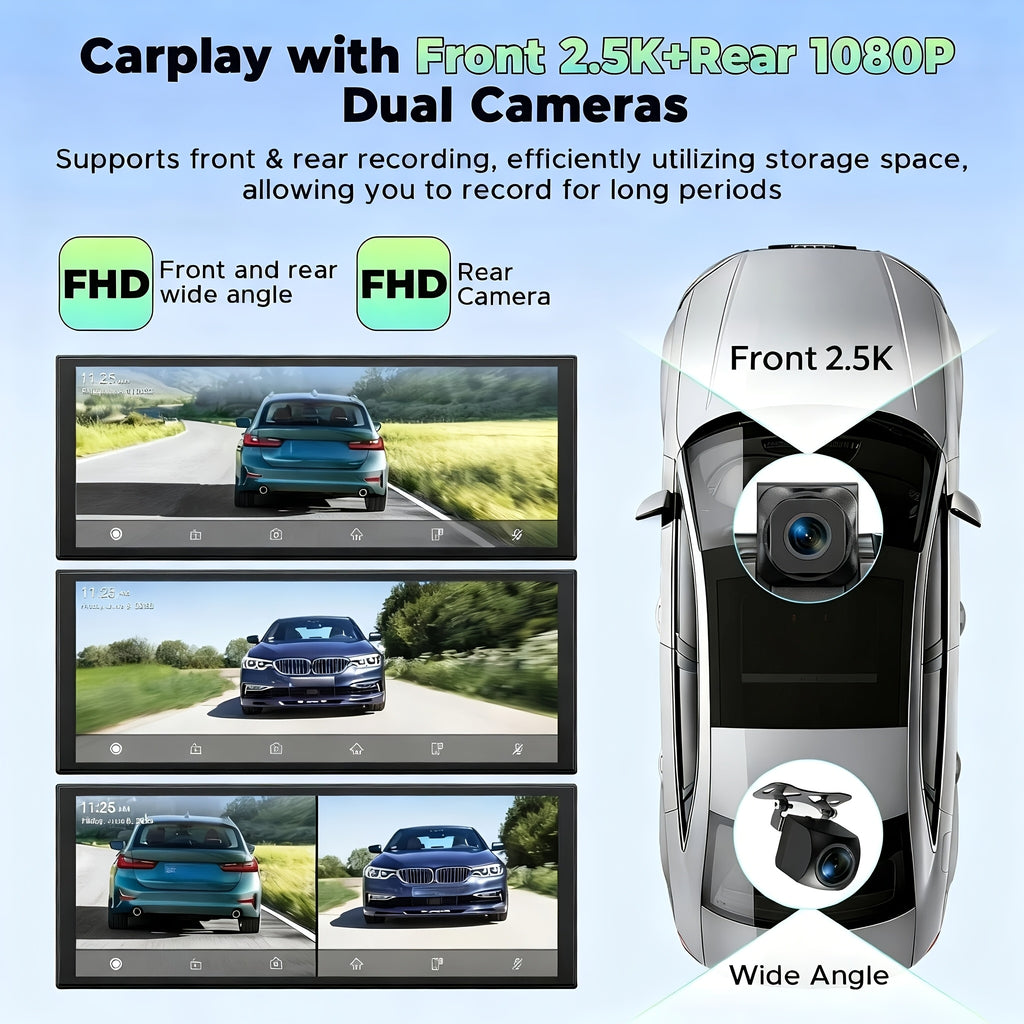 Lamtto 10.26" Wireless Carplay Screen for Car Front 2.5K And Rear 1080P Dash Cam, Portable Screen Compatible for Apple Carplay And Android Auto, Mirror Link, GPS Navigation, Voice Assistant, Wireless, 64GB TF Card for All Vehicles, Without Battery