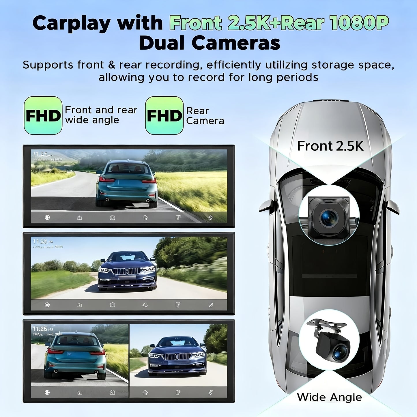 10.26" Wireless CarPlay Screen with 2.5K Dash Cam & Rear 1080P Camera, Apple CarPlay & Android Auto, GPS Navigation, Mirror Link, Voice Control, FM, 64GB – Fits All Vehicles 12-36V