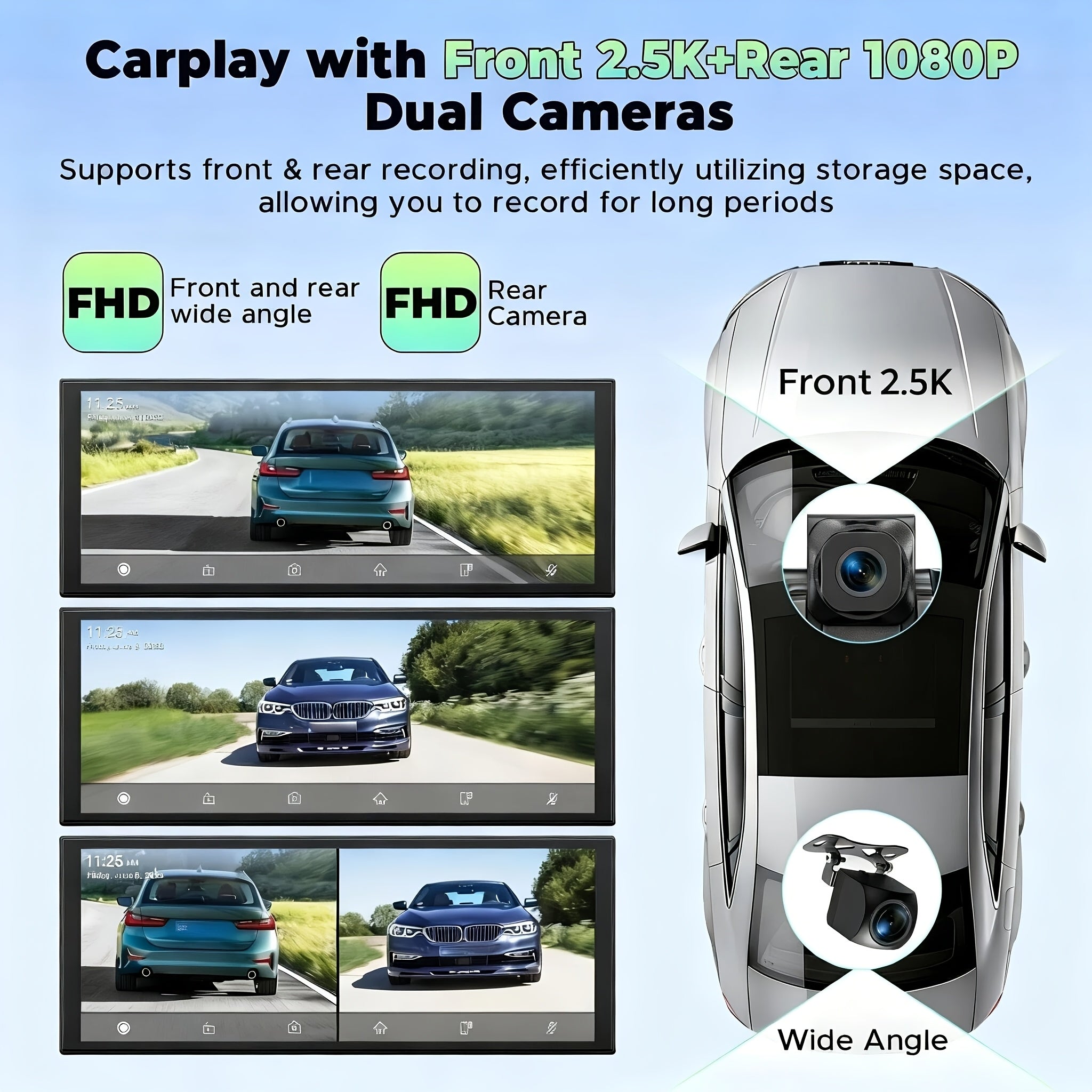 Lamtto 10.26" Wireless Carplay Screen for Car Front 2.5K And Rear 1080P Dash Cam, Portable Screen Compatible for Apple Carplay And Android Auto, Mirror Link, GPS Navigation, Voice Assistant, Wireless, 64GB TF Card for All Vehicles, Without Battery
