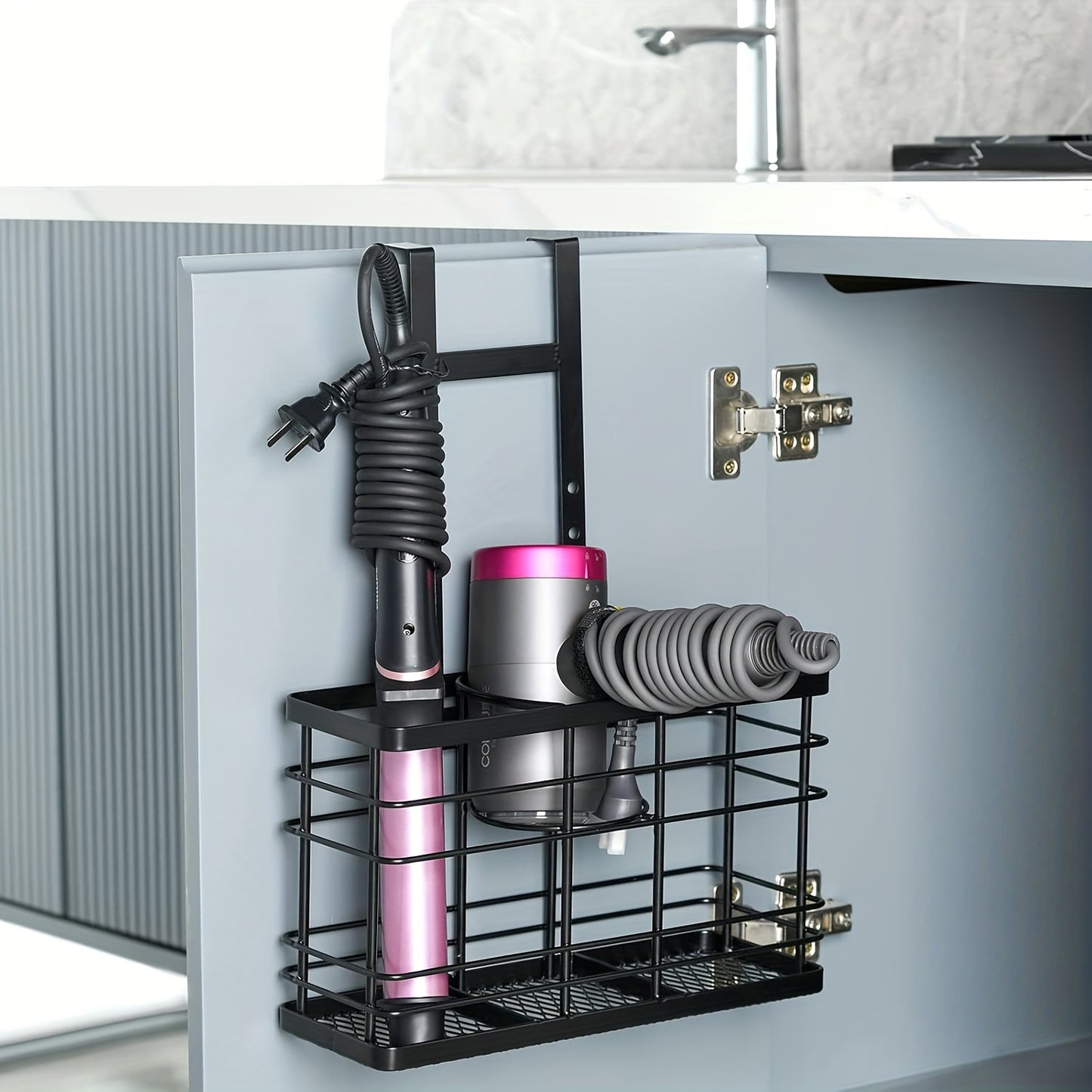 Wall-Mounted Hair Dryer Holder 3-in-1 Bathroom Organizer – Over Door & Wall Mount, Adjustable Height, Holds Dryer Curling Iron Straightener, Black