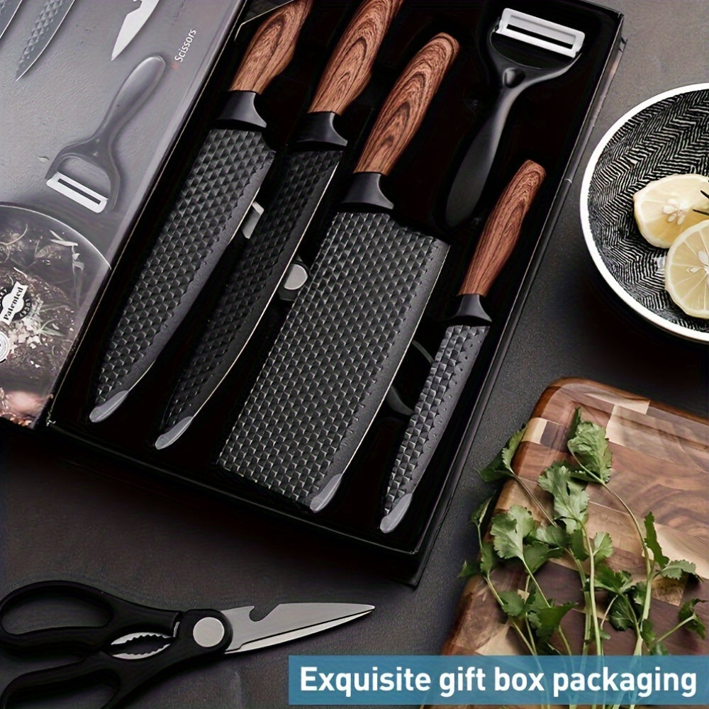 Professional Chef Knife Set 6-Piece with Wooden Handles – Ultra-Sharp Rust-Proof Stainless Steel Kitchen Knives with Cleaver, Paring, Utility Knife, Scissors & Peeler