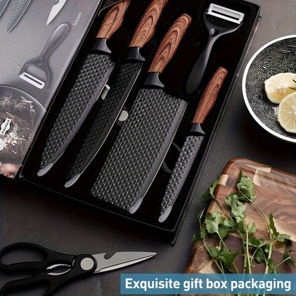 Professional Chef Knife Set 6-Piece with Wooden Handles – Ultra-Sharp Rust-Proof Stainless Steel Kitchen Knives with Cleaver, Paring, Utility Knife, Scissors & Peeler