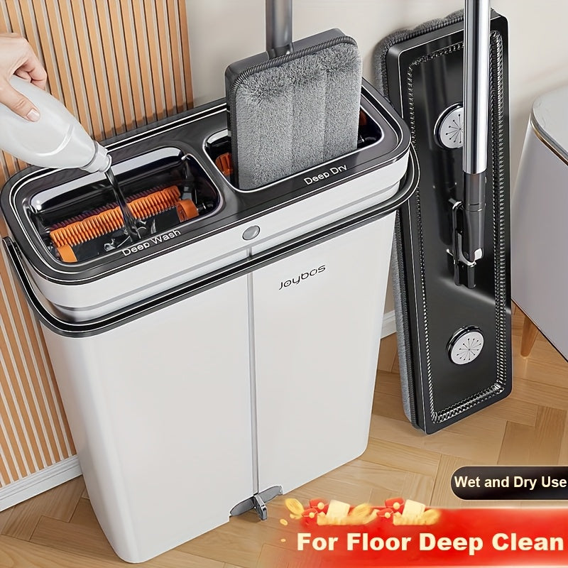 Flat Mop and Bucket with Wringer Set Hands-Free, Dual Compartment Wet Dry Separation Floor Cleaning System, 360° Rotating Head, 2 Reusable Microfiber Pads for All Floor Types Windows Walls