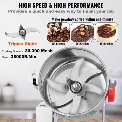 VEVOR Electric Spice Grinder Grain Mill 300/750/1000g High Speed Commercial Powder Machine, Swing & Upright Type, Stainless Steel, 30-300 Mesh – Coffee Beans, Herbs, Grains