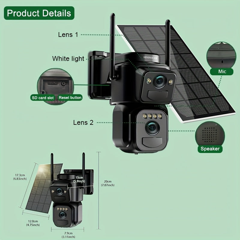 Solar Security Camera Outdoor 360° PTZ – 8X Zoom, 9000mAh 365-Day Standby, Dual HD Lens, Auto Human Tracking, Night Vision, 2-Way Audio, 2.4G/5G WiFi, Type-C (QW8 Series, WiFi/Solar Panel)