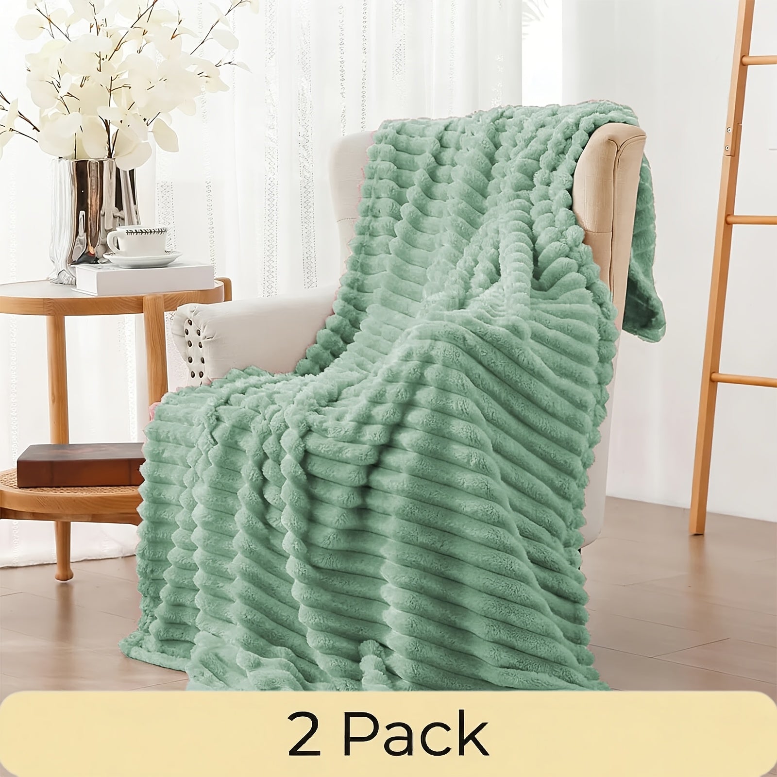 Faux Fur Rabbit Blanket Set of 2 – 260GSM Striped Luxury Plush Throw, OEKO-TEX Certified, Machine Washable, Cozy Sofa & Bed Blanket for Women & Men, Multiple Colours