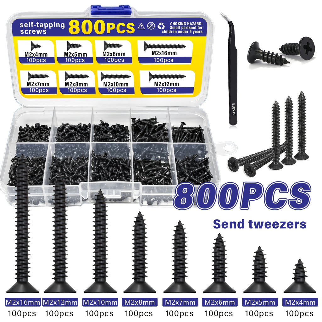 800pcs M2 Black Phillips Self-Tapping Screw Set, M2 Sizes (4/5/6/7/8/10/12/16mm), Includes Clips, Multi-Purpose Durable Screws, Ideal for DIY Projects, Furniture And Equipment Repairs