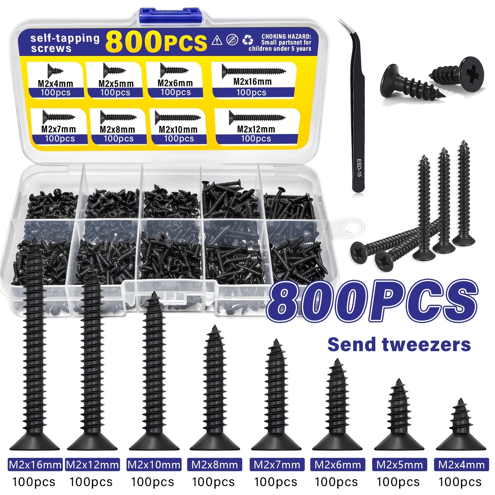 800pcs M2 Black Phillips Self-Tapping Screw Set, M2 Sizes (4/5/6/7/8/10/12/16mm), Includes Clips, Multi-Purpose Durable Screws, Ideal for DIY Projects, Furniture And Equipment Repairs