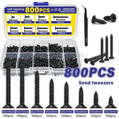800pcs M2 Black Phillips Self-Tapping Screw Set, Multi-Size 4-16mm with Clips, Durable Screws for DIY Projects Furniture and Equipment Repairs