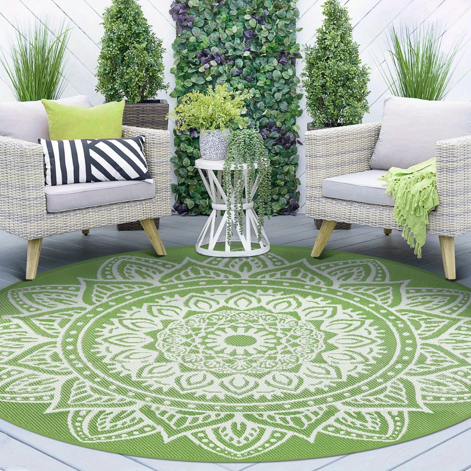 Round Boho Outdoor Rug Reversible Circle Patio Carpet – Lightweight Portable Outdoor Area Rug for Patio, Balcony, Camping & Backyard, Bohemian Style Weatherproof Floor Mat