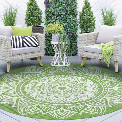 Round Boho Outdoor Rug Reversible Circle Patio Carpet – Lightweight Portable Outdoor Area Rug for Patio, Balcony, Camping & Backyard, Bohemian Style Weatherproof Floor Mat