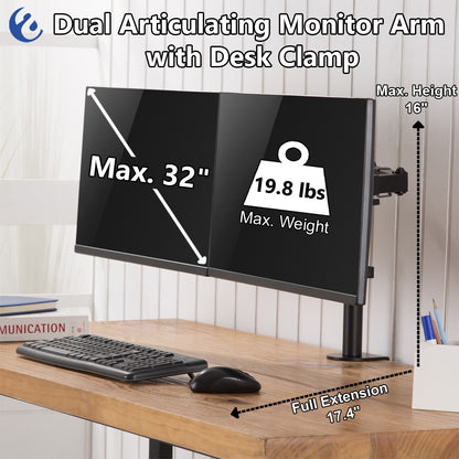 Amer Mounts Dual Monitor Arm Desk Clamp 2EZCLAMPMK – Full Motion Articulating VESA Mount 17"-32", 90° Tilt 180° Swivel 360° Rotation, Cable Management, Home Office Gaming | Canada