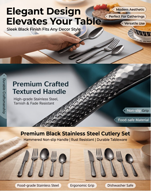 Hammered Silverware Set/40pcs Stainless Steel Flatware Set for 8/Professional Cutlery Set with Knife & Forks And Spoon/Modern Kitchen Utensils Tableware Set for Dinner/Mirror Polished/Dishwasher Safe/Local Warehouse