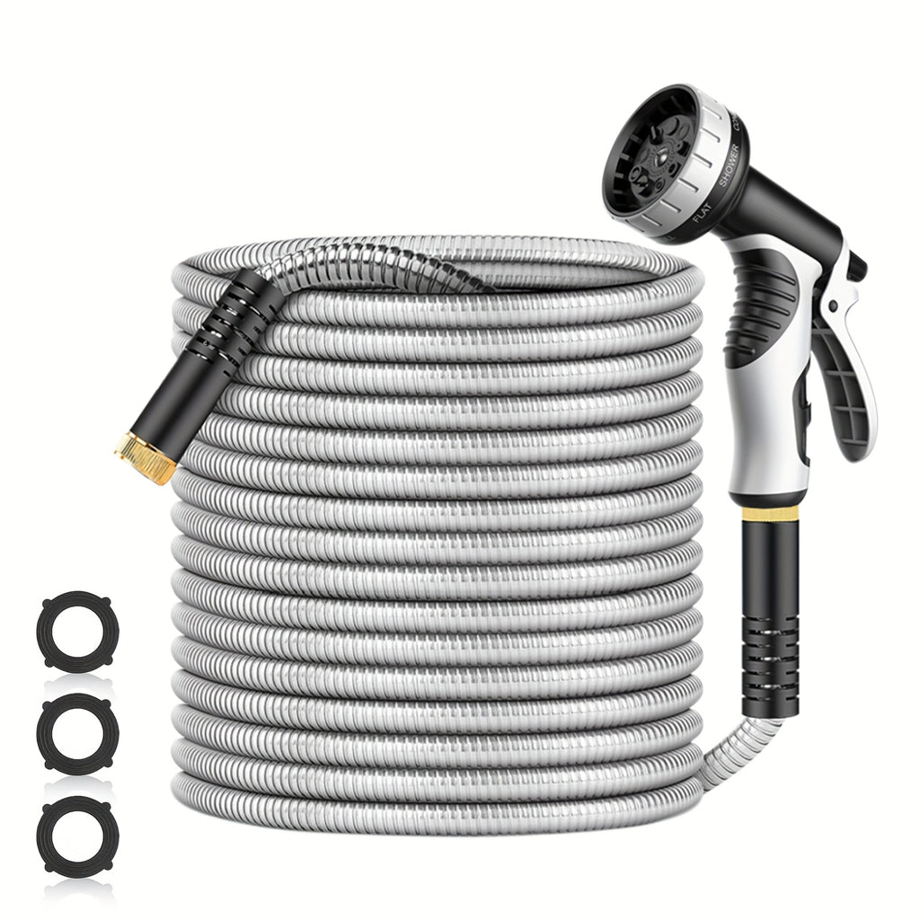VyGrow 50ft Heavy-Duty Stainless Steel Garden Hose - Puncture-Proof, No-Kink Flexible Design with 10-Function Nozzle for Yard, Lawn, Car Wash, Pet Cleaning & Outdoor Cleaning