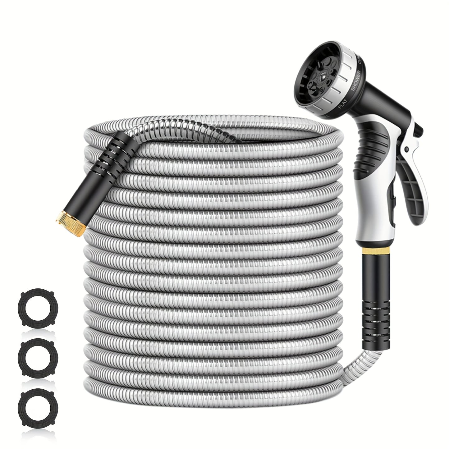 Stainless Steel Garden Hose with 10-Function Nozzle – Heavy-Duty Puncture-Proof No-Kink Flexible Metal Hose for Yard, Lawn, Car Wash & Pet Cleaning, 25ft / 50ft / 100ft