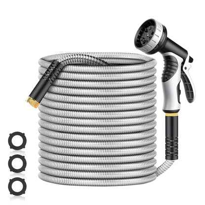 Stainless Steel Garden Hose with 10-Function Nozzle – Heavy-Duty Puncture-Proof No-Kink Flexible Metal Hose for Yard, Lawn, Car Wash & Pet Cleaning, 25ft / 50ft / 100ft