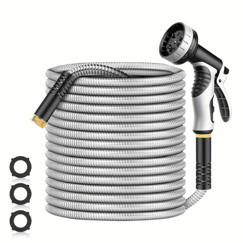 Stainless Steel Garden Hose with 10-Function Nozzle – Heavy-Duty Puncture-Proof No-Kink Flexible Metal Hose for Yard, Lawn, Car Wash & Pet Cleaning, 25ft / 50ft / 100ft
