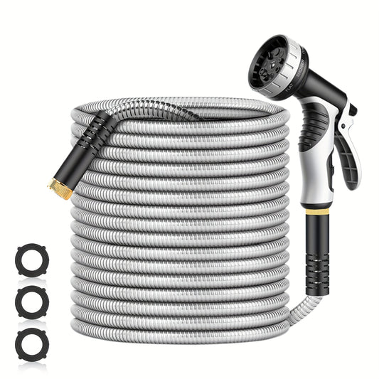 VyGrow 50ft Heavy-Duty Stainless Steel Garden Hose - Puncture-Proof, No-Kink Flexible Design with 10-Function Nozzle for Yard, Lawn, Car Wash, Pet Cleaning & Outdoor Cleaning