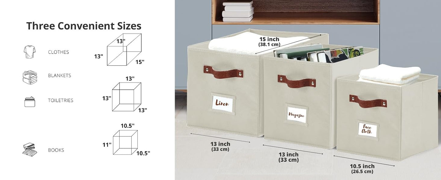 Foldable Storage Baskets with Labels 13x15x13 in, 11 lb Capacity, Set of 2/4/6 – Fabric Cube Bins for Kallax Shelves, Closet, Bedroom, Office Organization, Beige