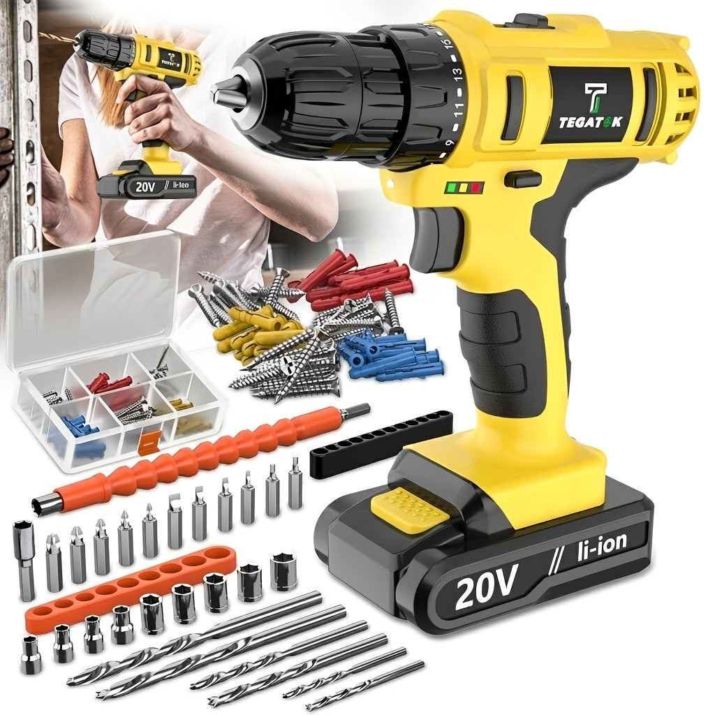 20V Cordless Impact Drill 35Nm Max Torque, 18+3 Torque Settings, 3/8" Keyless Chuck, Built-in LED Light, 2.0Ah Battery, Drills Concrete Walls Tightens Screws, Perfect Gift for DIY & Professionals
