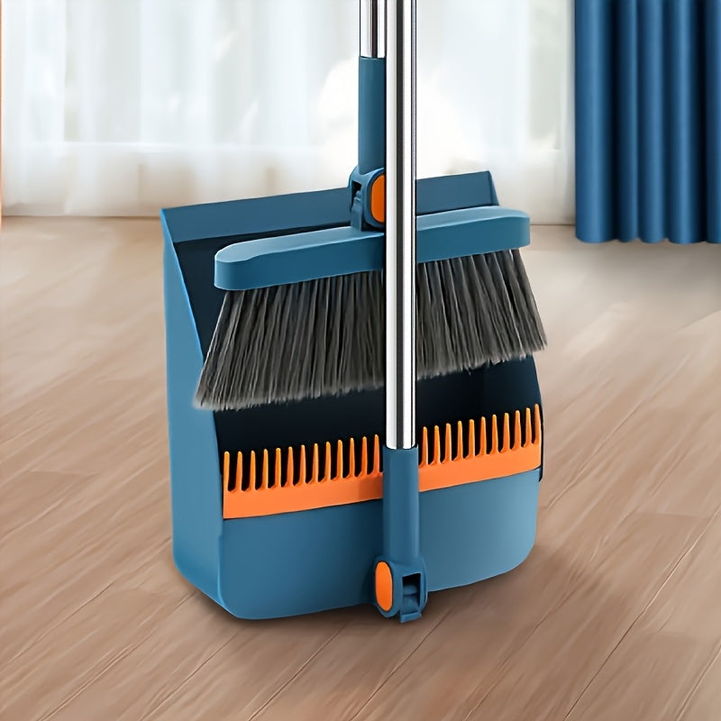 2-in-1 Foldable Broom and Dustpan Set with Rotating Design – Upright Standing, No-Bend Sweeping, Multi-Functional Household Cleaning Tool for Home Kitchen Bathroom, Blue & Grey